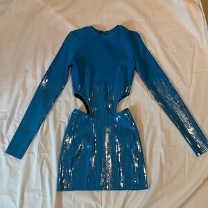David Koma Electric Blue Sequin Cutout Long-Sleeve Mini Dress